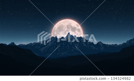 A large moon is in the sky above a mountain range 134324982