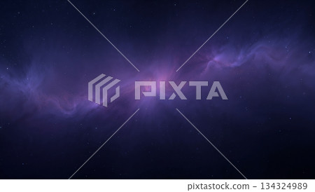 A dark purple space with stars and a purple cloud 134324989