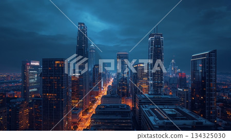A city skyline at night with the lights of the buildings shining brightly 134325030
