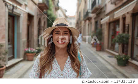 A woman wearing a straw hat and a white dress is smiling in front of a building 134325129