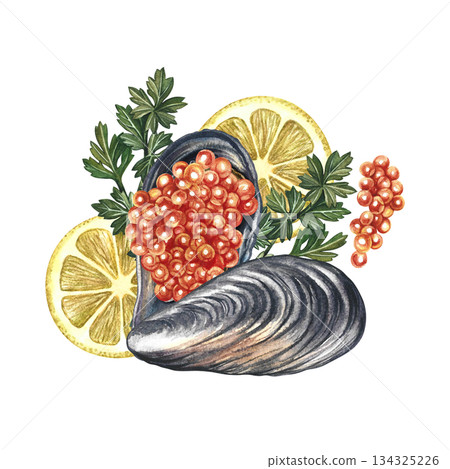 Red caviar in a mussel shell. Hand-drawn watercolor illustration. Beautiful, colorful image of a dish with red caviar, lemon, and herbs. Perfect for menus, recipe books, packaging, labels, and more. 134325226