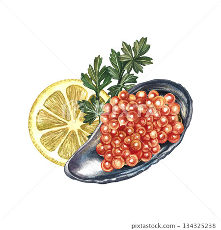 Red caviar in a mussel shell. Hand-drawn watercolor illustration. Beautiful, colorful image of a dish with red caviar, lemon, and herbs. Perfect for menus, recipe books, packaging, labels, and more. 134325238