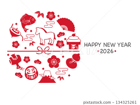 2026年新年賀卡 - 馬和幸運符插圖模板 2026年新年賀卡 - 馬和幸運符插圖模板 134325261