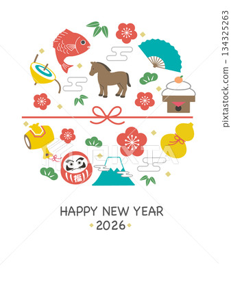 2026年新年賀卡 - 馬和幸運符插圖模板 2026年新年賀卡 - 馬和幸運符插圖模板 134325263