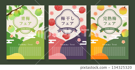 Poster template set for green plums, pickled plums, and ripe plums 134325320