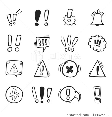 Warnings hand drawn doodle icon set collection in flat style. Alert danger vector illustration on isolated background. Exclamation sign business concept. 134325499