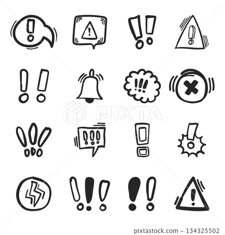 Warnings hand drawn doodle icon set collection in flat style. Alert danger vector illustration on isolated background. Exclamation sign business concept. 134325502