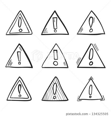 Warnings hand drawn doodle icon set collection in flat style. Alert danger vector illustration on isolated background. Exclamation sign business concept. 134325505