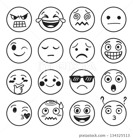 Emojis faces icons set collection in hand drawn style. Doddle emoticons vector illustration on isolated background. Happy and sad face sign business concept. Emojis faces icons set collection in hand drawn style. Doddle emoticons vector illustration on isolated background. Happy and sad face sign business concept. 134325513