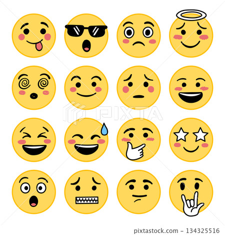 Emojis faces icons set collection in hand drawn style. Doddle emoticons vector illustration on isolated background. Happy and sad face sign business concept. Emojis faces icons set collection in hand drawn style. Doddle emoticons vector illustration on isolated background. Happy and sad face sign business concept. 134325516