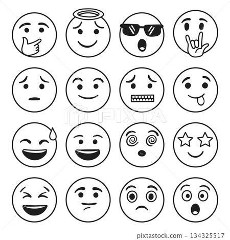 Emojis faces icons set collection in hand drawn style. Doddle emoticons vector illustration on isolated background. Happy and sad face sign business concept. 134325517