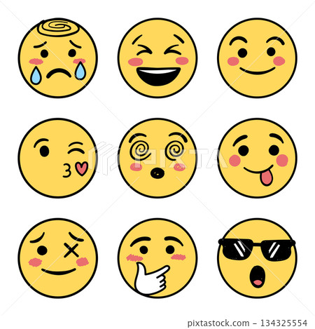 Emojis faces icons set collection in hand drawn style. Doddle emoticons vector illustration on isolated background. Happy and sad face sign business concept. 134325554