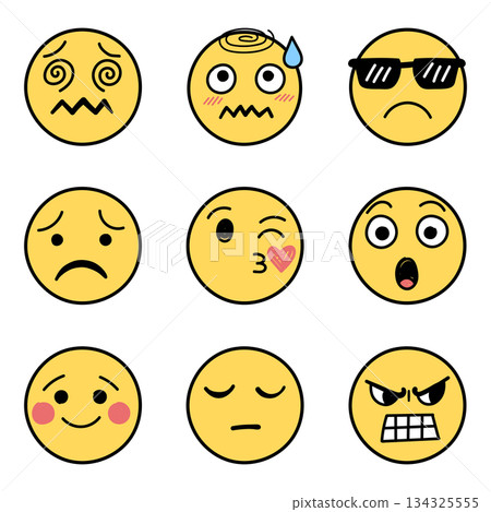 Emojis faces icons set collection in hand drawn style. Doddle emoticons vector illustration on isolated background. Happy and sad face sign business concept. Emojis faces icons set collection in hand drawn style. Doddle emoticons vector illustration on isolated background. Happy and sad face sign business concept. 134325555