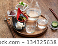 A cold sake set with unpasteurized sake, pickles, and chilled tofu A cold sake set with unpasteurized sake, pickles, and chilled tofu 134325638