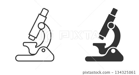 Microscope icon in flat style. Laboratory magnifier vector illustration on isolated background. Biology instrument sign business concept. 134325861