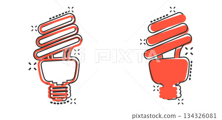 Light bulb icon in comic style. Lightbulb cartoon vector illustration on white isolated background. Energy lamp splash effect sign business concept. 134326081