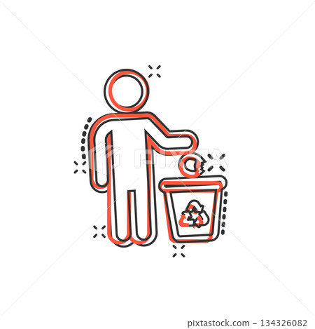 Garbage bin with people icon in comic style. Recycle cartoon vector illustration on white isolated background. Trash basket splash effect sign business concept. 134326082