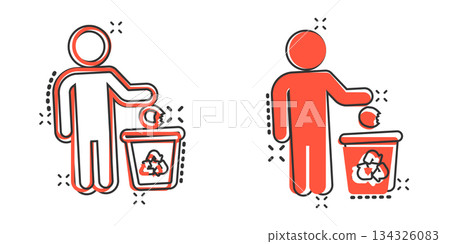 Garbage bin with people icon in comic style. Recycle cartoon vector illustration on white isolated background. Trash basket splash effect sign business concept. 134326083