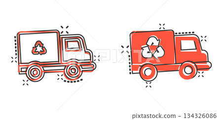 Garbage truck icon in comic style. Recycle cartoon vector illustration on white isolated background. Trash car splash effect sign business concept. Garbage truck icon in comic style. Recycle cartoon vector illustration on white isolated background. Trash car splash effect sign business concept. 134326086