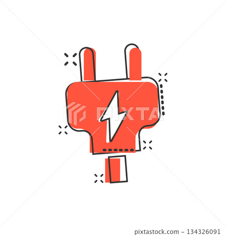 Electric plug icon in comic style. Power adapter cartoon vector illustration on white isolated background. Electrician splash effect sign business concept. 134326091