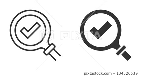 Check mark with magnifying glass icon in flat style. Loupe accept vector illustration on white isolated background. Search checklist business concept. Check mark with magnifying glass icon in flat style. Loupe accept vector illustration on white isolated background. Search checklist business concept. 134326539