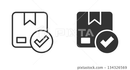 Shipping box check icon in flat style. Container approve vector illustration on white isolated background. Cardboard package business concept. 134326569