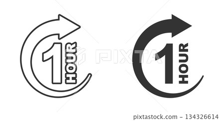 1 hour clock icon in flat style. Timer countdown vector illustration on isolated background. Time measure sign business concept. 134326614