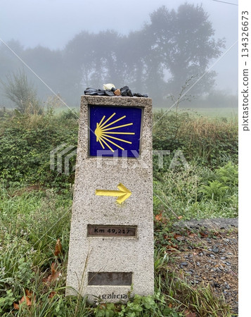聖地牙哥朝聖之路上的路標籠罩在薄霧之中 134326673