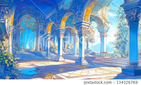 精美絕倫的阿拉伯風格皇家宮殿內部插畫素材 | 非常適合營造充滿異國風情和神秘感的空間 134326769