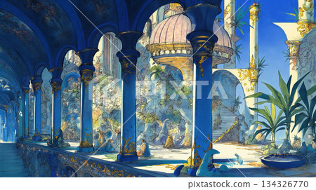精美絕倫的阿拉伯風格皇家宮殿內部插畫素材 | 非常適合營造充滿異國風情和神秘感的空間 134326770