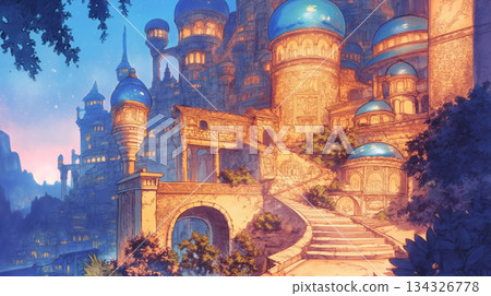 一幅奇妙的插圖，描繪了一座宛如異世的宮殿，令人聯想到中東神話，與自然和諧共存 | 美麗的拱形結構和綿延的雲朵 134326778