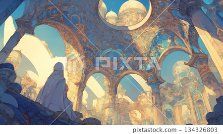 Illustration material featuring exotic architecture and character depictions reminiscent of the fantasy world of One Thousand and One Nights | Arabian Nights story background 134326803