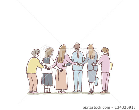The backs of women supporting each other (medical, nursing, elderly, young people) 134326915