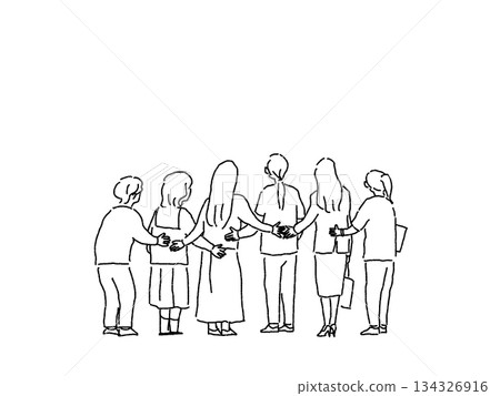 Back view of women supporting each other (medical care, nursing, elderly, young people), line drawing 134326916