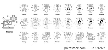 A collection of black and white icons for finance A collection of black and white icons for finance 134326974