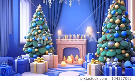 Clay-style room with Christmas tree and fireplace 134327092