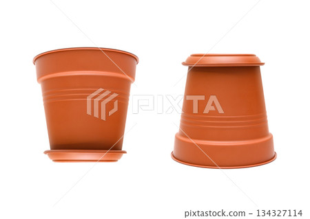 two brown pots one vertical, one inverted, isolated on a white background 134327114