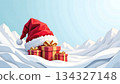 christmas gifts with santa hat in minimal winter snow landscape. 134327148