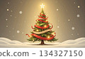 christmas tree with ribbons in snowy landscape. 134327150