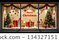 christmas window display with trees, gifts, and festive decorations. 134327151