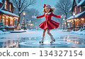 girl ice skating in a festive snowy christmas village. 134327154
