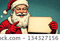 vintage christmas santa holding blank tag label in retro comic style. 134327156