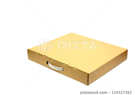 light brown cardboard suitcase box with a handle, isolated on a white background light brown cardboard suitcase box with a handle, isolated on a white background 134327162