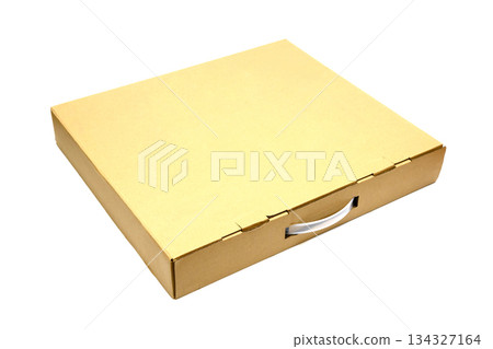 light brown cardboard suitcase box with a handle on a white background 134327164