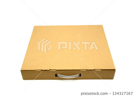 wide cardboard suitcase box with a handle, isolated on a white background 134327167