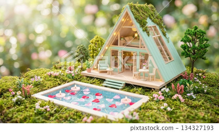Modern Pink Box Mini House with Small Pool and Floating Heart 134327193