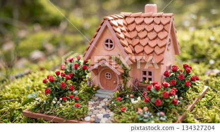 Pink-Orange Mini House with Heart Tile Roof and Rose Garden Pink-Orange Mini House with Heart Tile Roof and Rose Garden 134327204