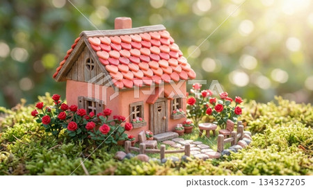 Pink-Orange Mini House with Heart Tile Roof and Rose Garden Pink-Orange Mini House with Heart Tile Roof and Rose Garden 134327205