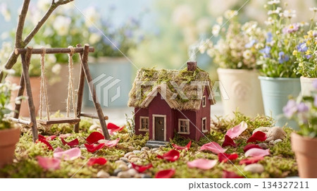 Deep Red Mini House with Wooden Swing and Rose Petals Deep Red Mini House with Wooden Swing and Rose Petals 134327211