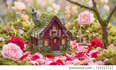 Deep Red Mini House with Wooden Swing and Rose Petals Deep Red Mini House with Wooden Swing and Rose Petals 134327212